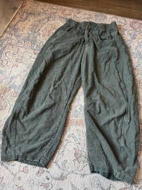 Olive Green Corduroy Barrel Leg Pants Elastic Wais
